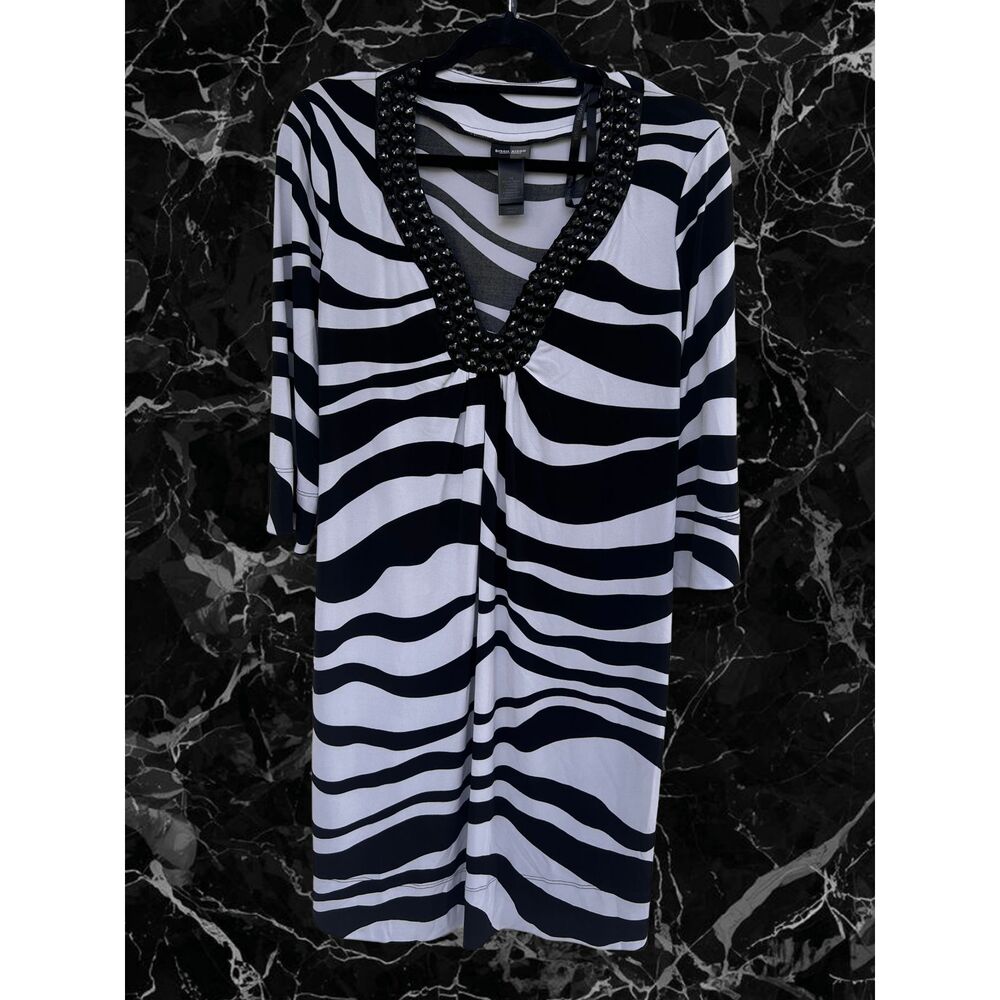 Bisou Bisou Zebra Print Dress Womens Size 12 Black White Beaded Neck Stretch USA